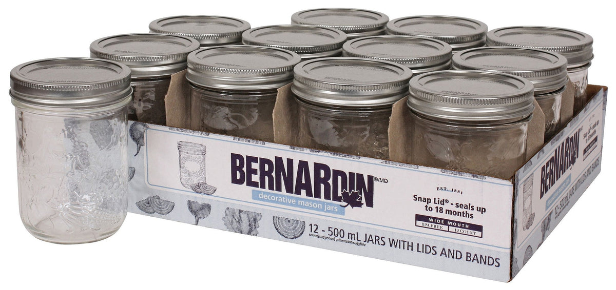 Bernardin Wide Mouth Decorative Glass Mason Jars with Snap Lids, 500 mL, 12 Count