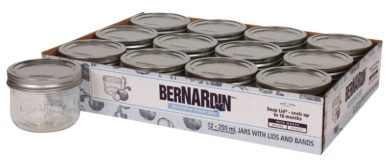 Bernardin Wide Mouth Decorative Glass Mason Jars with Snap Lids and Bands, 250 mL, 12 Count A3
