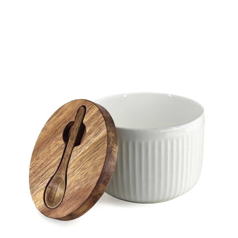 BIA Porcelain Salt/Herb Keeper with Spoon & Acacia Lid, Dishwasher Safe M2