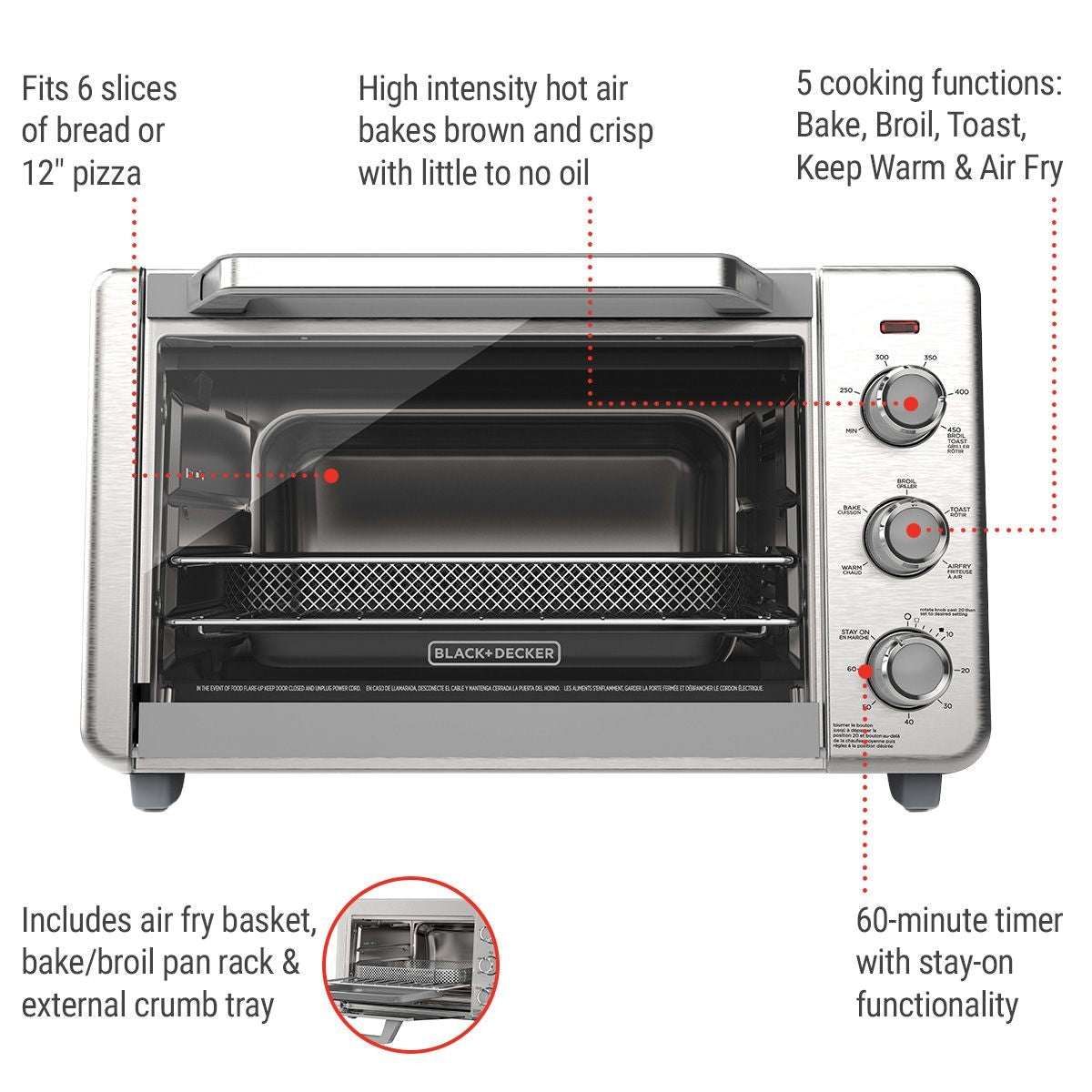 Black & Decker Crisp 'N bake 6-Slice Air Fryer Toaster Oven, Stainless Steel, 5 Cooking Functions