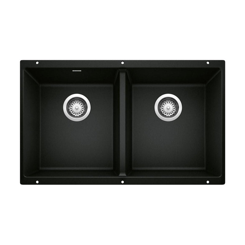Blanco Precis SILGRANIT 29-in 50/50 Double Bowl Undermount Kitchen Sink, Coal Black O2