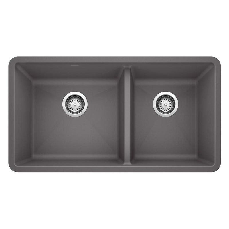 Blanco Precis SILGRANIT 33-in 60/40 Double Bowl Undermount Kitchen Sink, Cinder O3