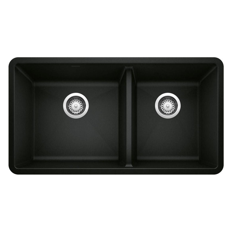 Blanco Precis SILGRANIT 33-in 60/40 Double Bowl Undermount Kitchen Sink, Coal Black V1