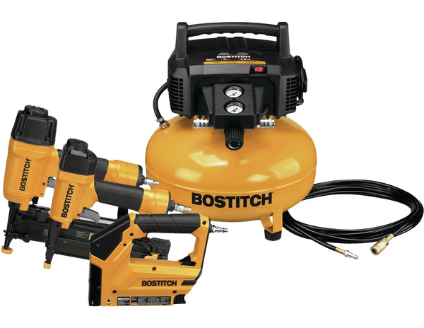Bostitch Oil-Free Portable 3-Gun & Pancake Air Compressor Combo Kit, 150-PSI D0