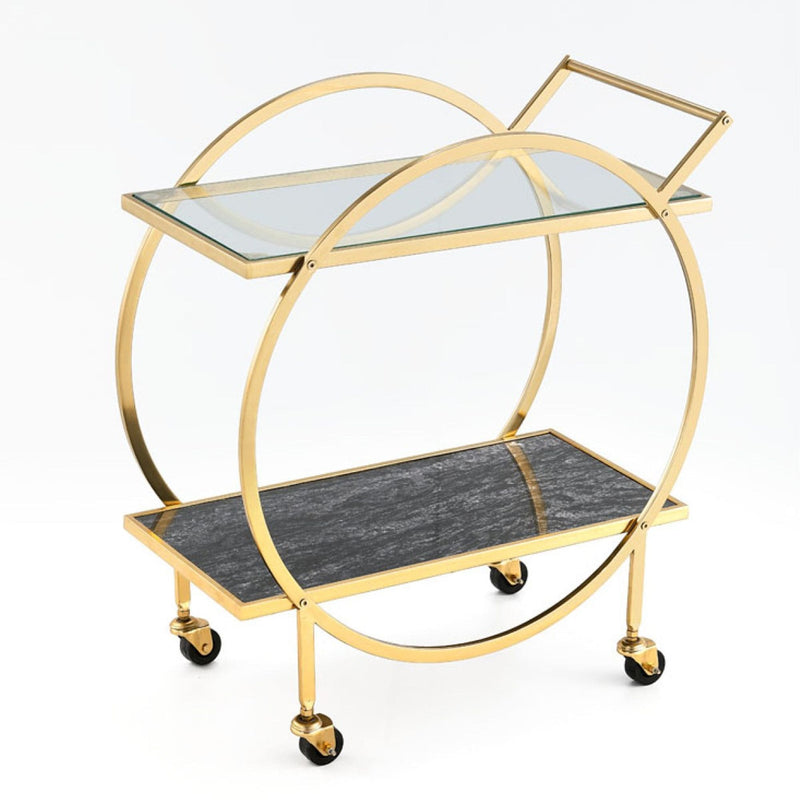 Brassex Zara 2-Tier Circular Rolling Bar Storage Cart with Mirrored Top, Gold N2