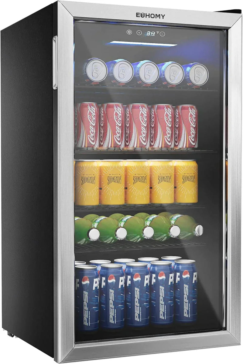 EUHOMY Beverage Refrigerator, 126 Can Mini fridge with Glass Door N6