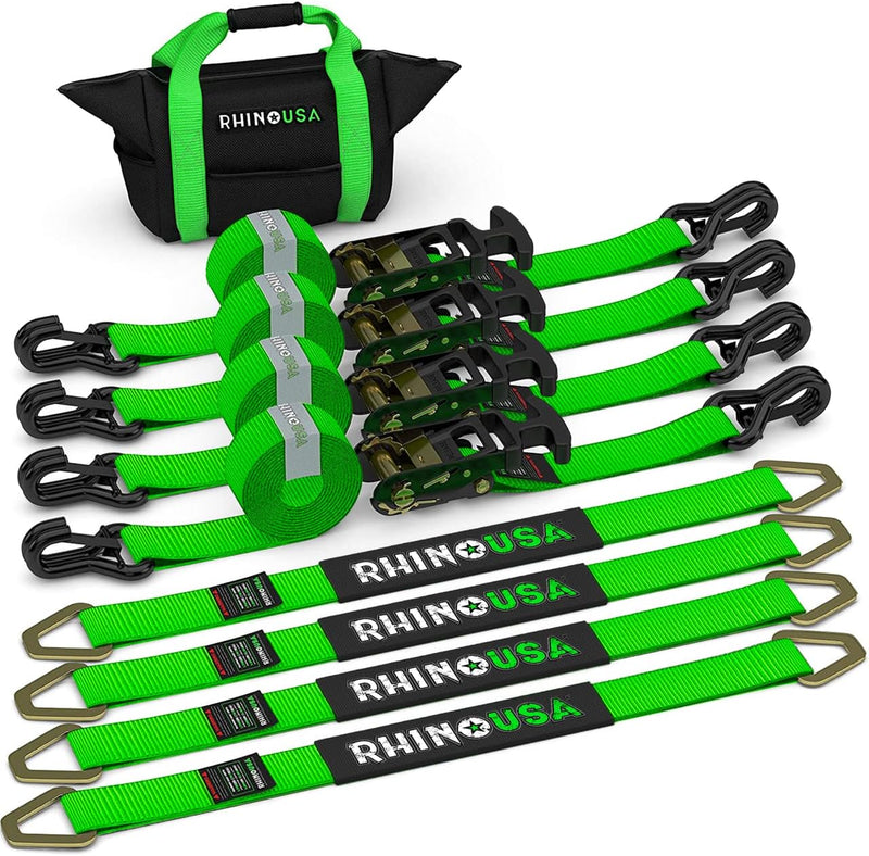 Car Tie Down Straps for Trailers with J Hooks (4-Pack) - 2 Inch x 8 Feet (10,000lb Break Strength) - Heavy Duty T-Handle Car Hauler Tire Straps for Trailer & UTV with Axle Straps - Black C2