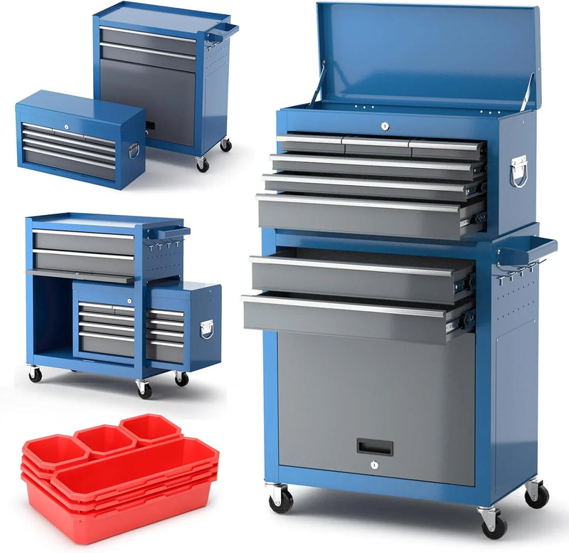 Tool Chest 8-Drawer | 42'' Large Rolling Tool Chest with Wheels | Detachable Top Metal Tool Box | Garage Storage Cabinet for Repair Room,storage area | Rolling Tool Box with Hooks,Liners,Tray Divider I0