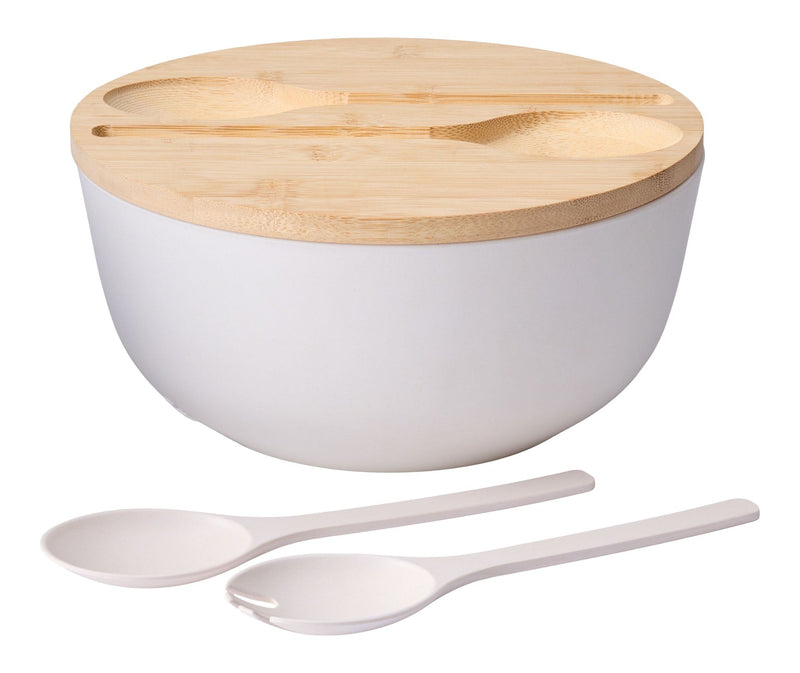 CANVAS Bamboo Salad Bowl Set with Lid & Servers, White C1