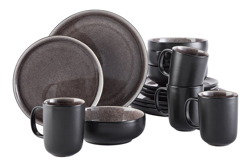 CANVAS Kenway Stoneware Dinnerware Set, Serves 4, 16-pc, Matte Black & Taupe Reactive Glaze H3
