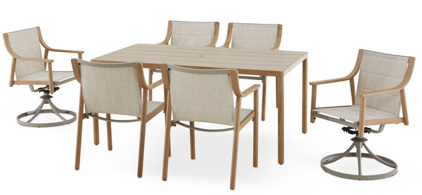 CANVAS Sauble Sling Outdoor Patio Dining Set with Swivel Chairs and Umbrella Hole, Tan, 7-pc C2