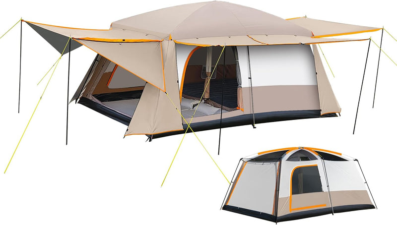 Camping Tent, 4-6 Person Family Cabin Tents, Large Waterpoof Tents for Camping Outdoor, 210D Oxford Fabric Blackout Foldable Sunburn Prevention Tent with 2 Rooms, 3 Foyers for Picnic Khaki K4