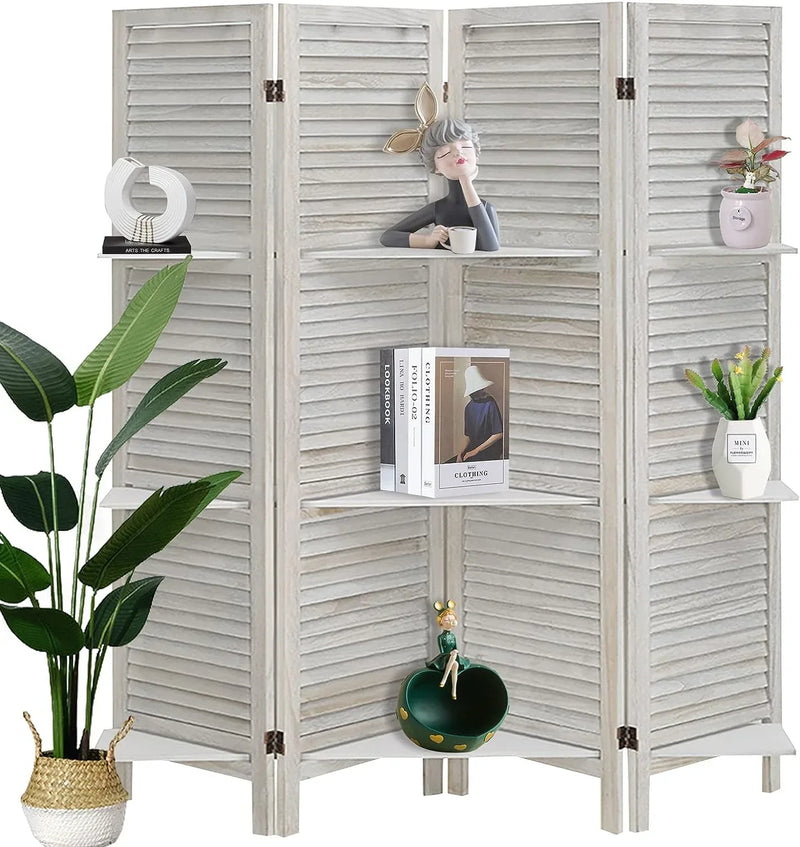 ECOMEX Room Divider 4 Panel, White with Shelves, Wall Dividers and Folding Privacy Screens H1
