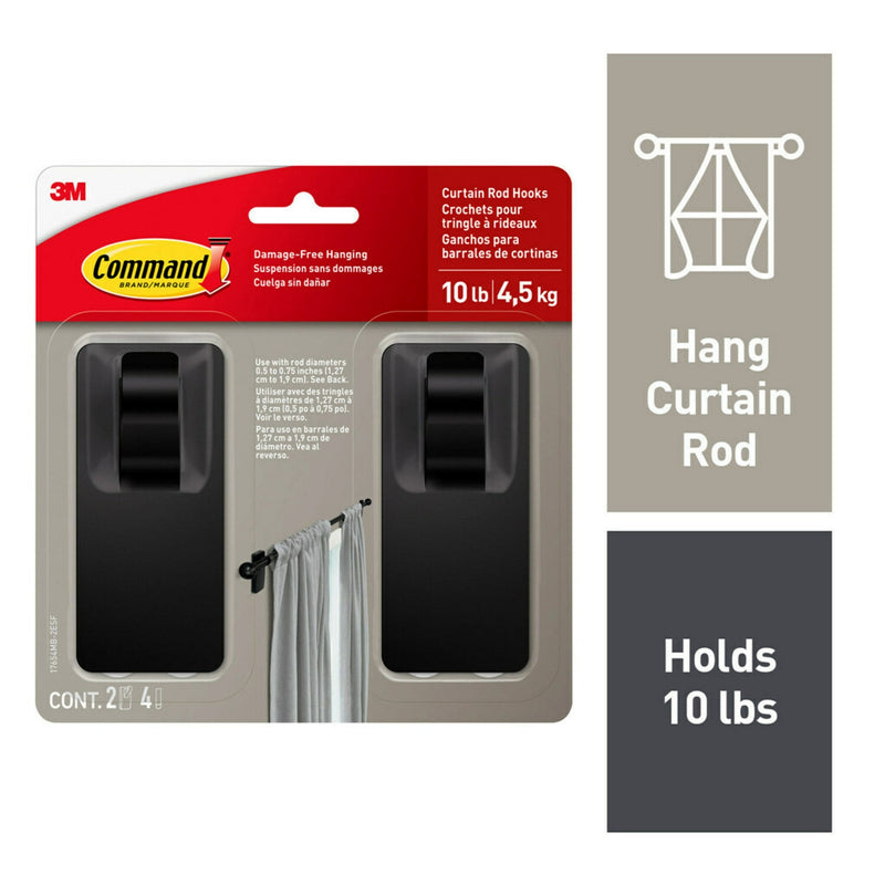 Command 2-Piece 10-lb Matte Black Damage Free Curtain Rod Hooks W6