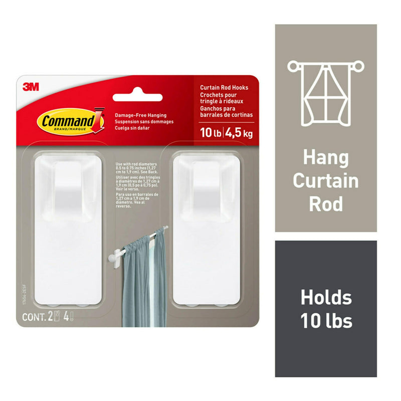 Command 2-Piece 10-lb Matte White Damage Free Curtain Rod Hooks M3
