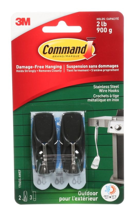 Command Adhesive Outdoor Wire Hooks with Adhesive Strips, Stainless Steel, 2-lbs, 2 Strips per Pack D2
