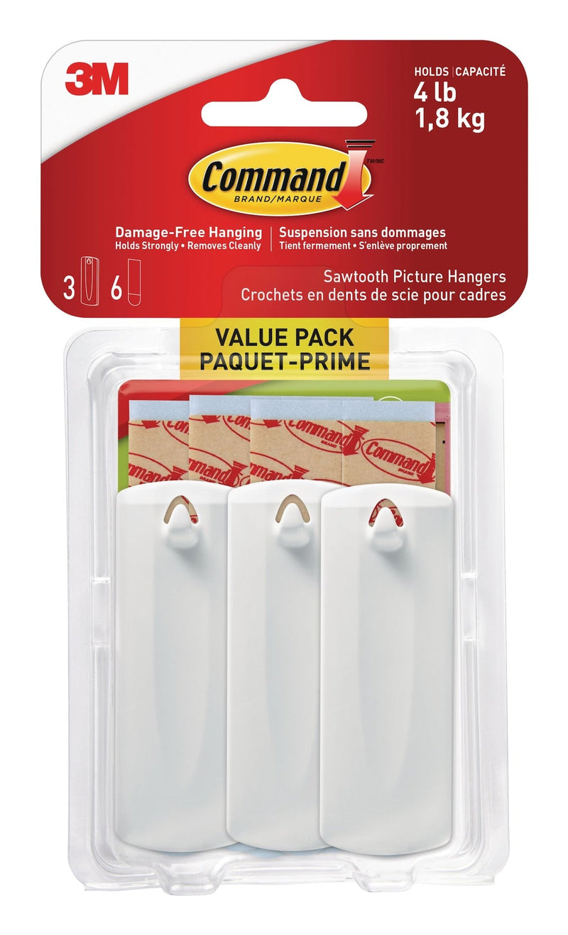 Command Adhesive Sawtooth Picture Hanging Hooks with Adhesive Strips, White, 4-lbs, 3 Strips per Pack M3