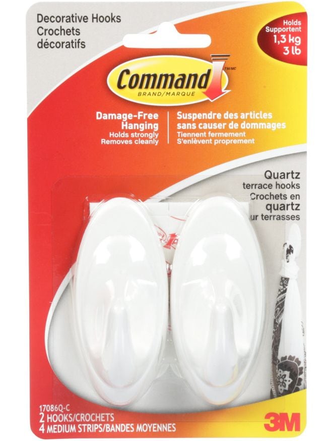 Command Decorative Quartz Terrace Hooks with Adhesive Strips, White, 3-lbs, 2 Strips per Pack O6