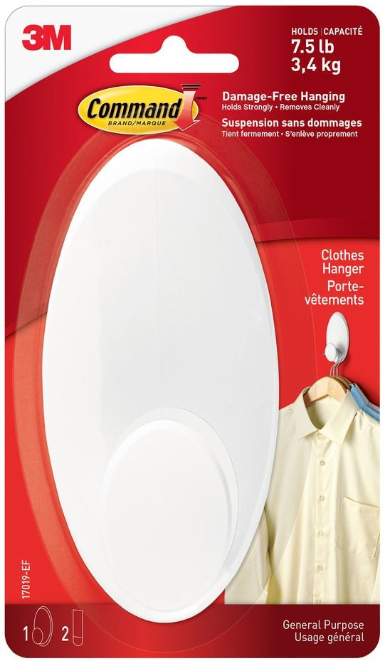 Command Large Clothes Hanger Organizing Hook with Adhesive Strips, White, 7.5-lbs, 1 Strip per Pack A6
