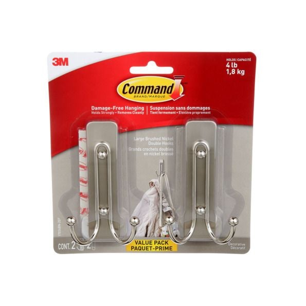 Command Large Decorative Double Hooks Value Pack with Adhesive Strips, Brushed Nickel, 4-lbs, 2 Strips per Pack G4
