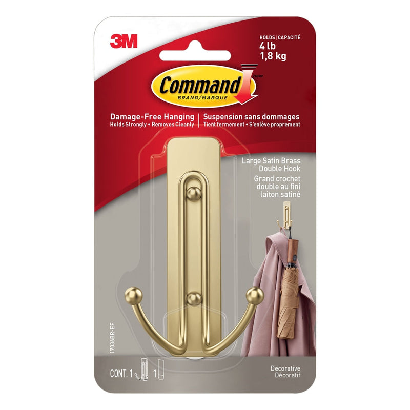 Command Large Satin Brass Hook, 17036BR-EF | 1 Hook, 1 Strip per Pack M0