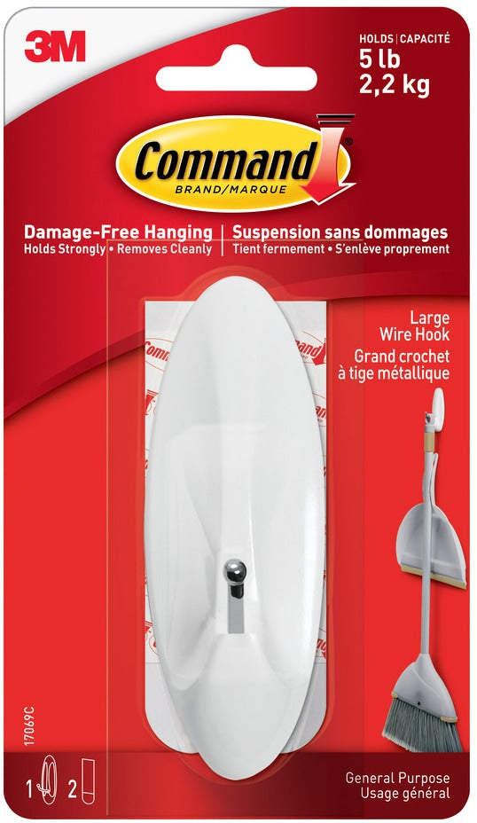 Command Large Wire Hook with Adhesive Strips, White, 5-lbs, 1 Strip per Pack I6
