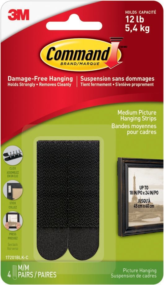 Command Medium Adhesive Picture Hanging Strips, Black, 12-lbs, 4 Strips Per Pack N2