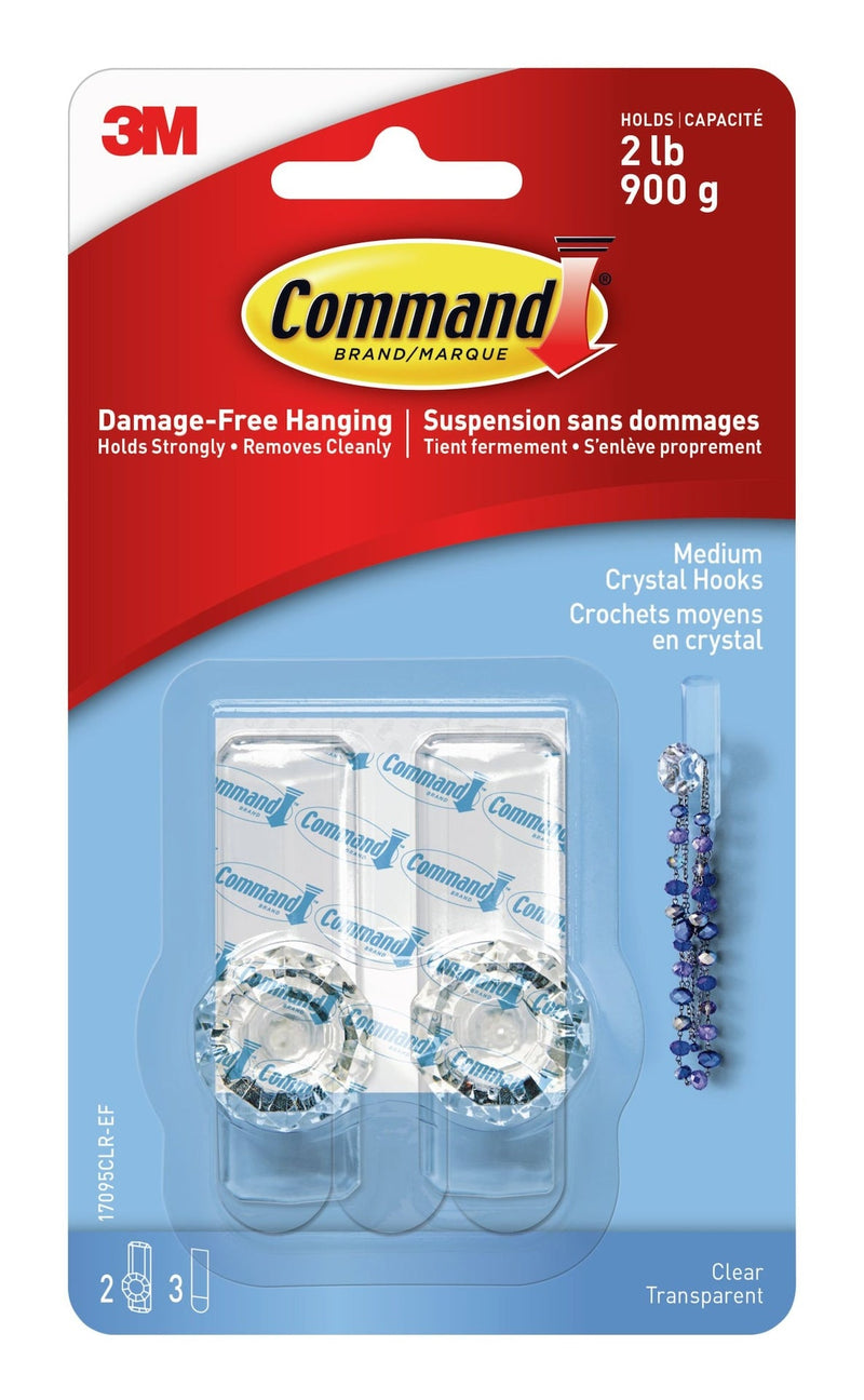 Command Medium Decorative Crystal Hooks with Adhesive Strips, Clear, 2-lbs, 2 Strips per Pack Y7