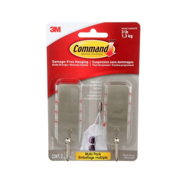 Command Medium Decorative Hooks with Adhesive Strips, Brushed Nickel, 3-lbs, 2 Strips per Pack D5