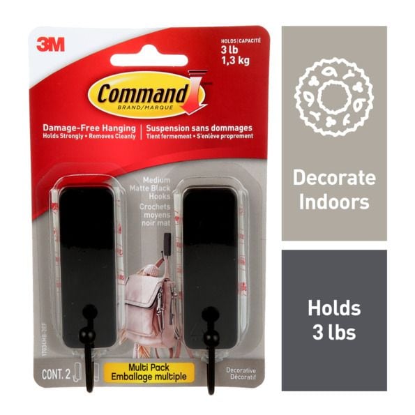 Command Medium Decorative Hooks with Adhesive Strips, Matte Black, 3-lbs, 2 Strips per Pack D9