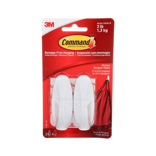Command Medium Designer Hooks with Adhesive Strips, White, 3-lbs, 2 Strips per Pack M6