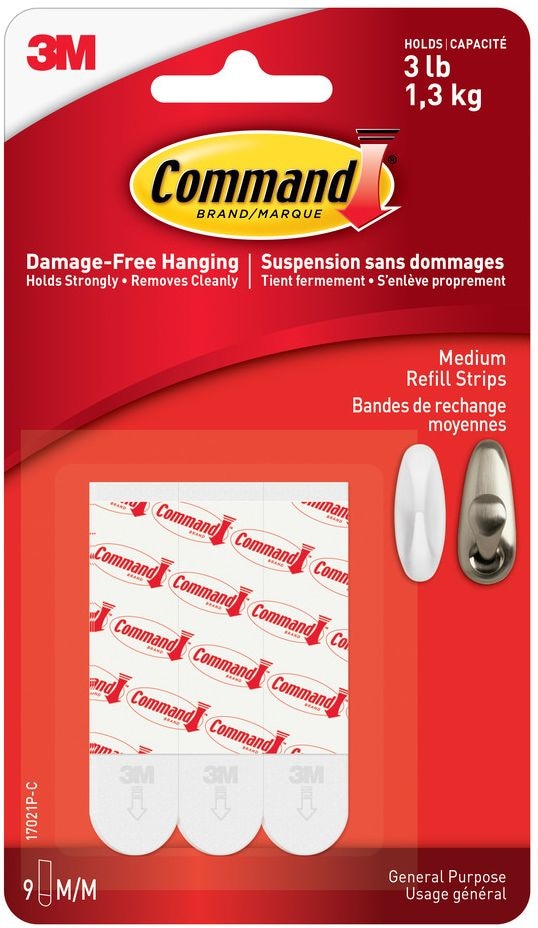 Command Medium General Purpose Refill Strips for Adhesive Hooks, White, 3-lbs, 9 Strips per Pack T1