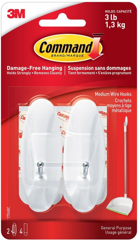 Command Medium General Purpose Wire Hooks with Adhesive Strips, White, 3-lbs, 2 Strips Per Pack I8