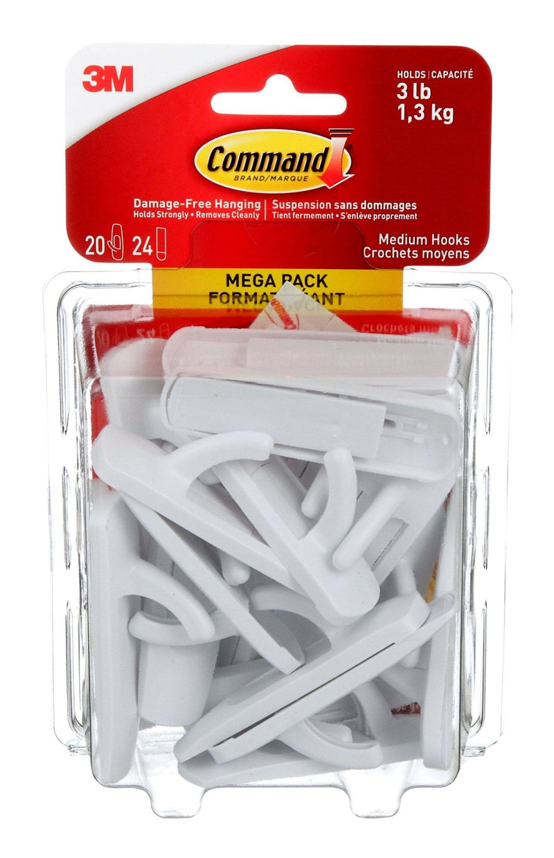 Command Medium Hooks Mega Pack with Adhesive Strips, White, 3-lbs, 20 Hooks/Pack Z6