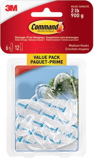 Command Medium Hooks Value Pack with Adhesive Strips, Clear, 2-lbs, 6 Strips per Pack N8