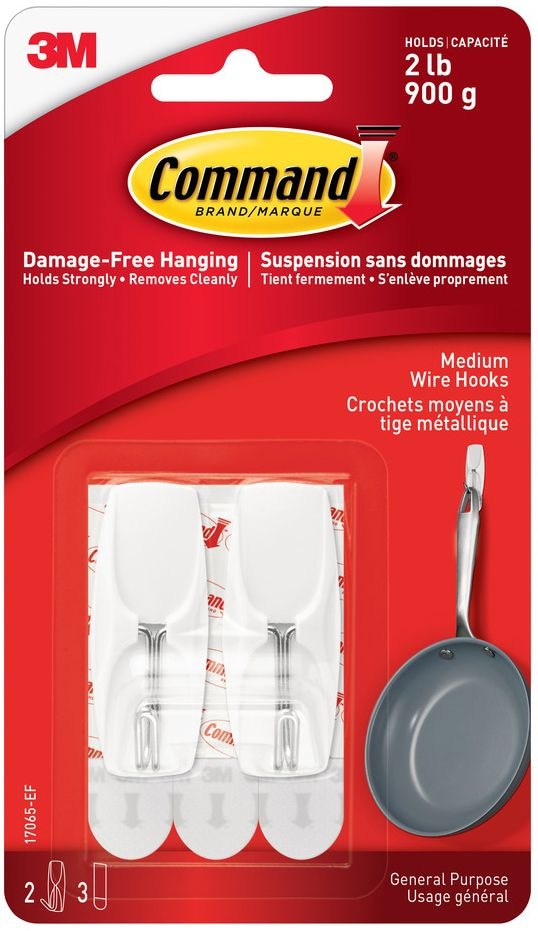 Command Medium Wire Toggle Hooks with Adhesive Strips, White, 2-lbs, 2 Strips per Pack I3