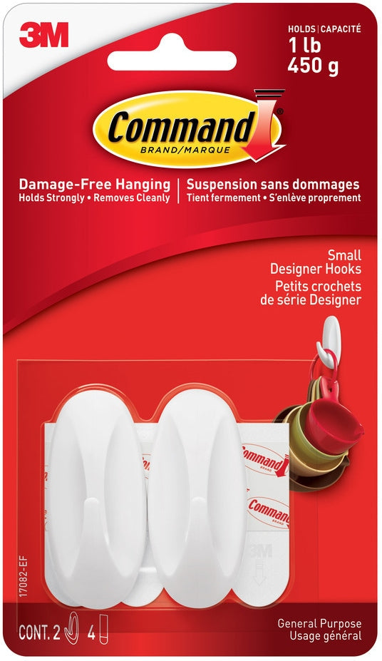 Command Small Designer Hooks with Adhesive Strips, White, 1-lb, 2 Strips per Pack S7