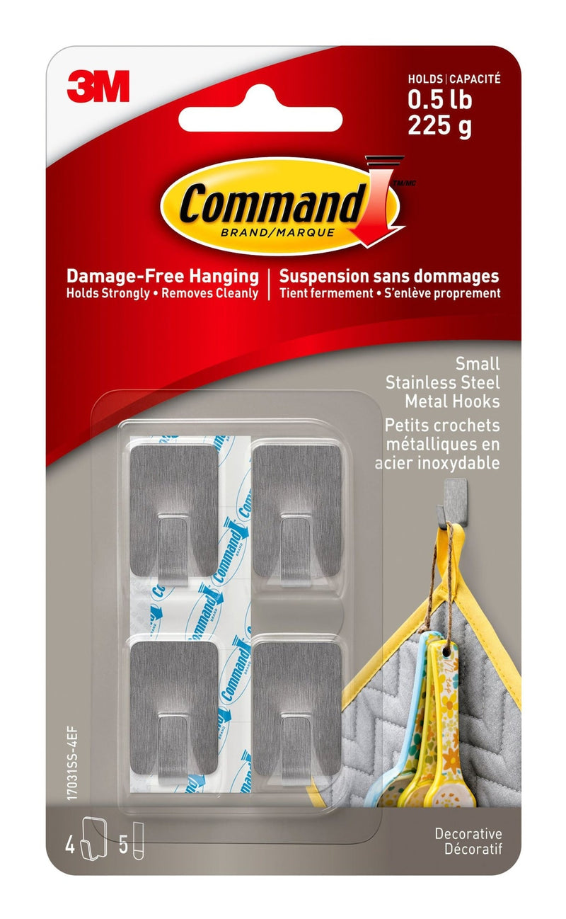 Command Small Stainless Steel Metal Hooks with Adhesive Strips, Silver, 0.5-lbs, 4 Strips per Pack J3