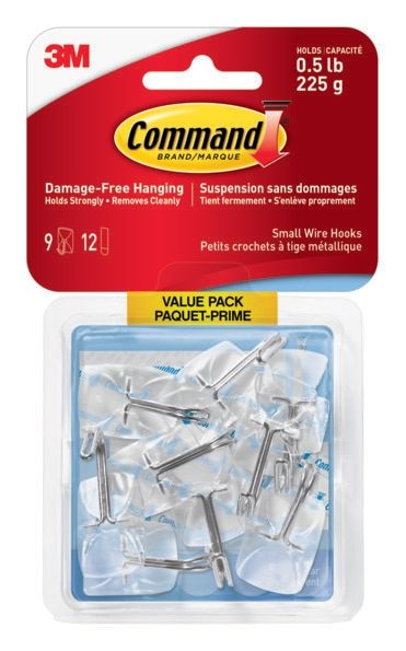 Command Small Wire Hooks Value Pack with Adhesive Strips, Clear, 0.5-lbs, 9 Strips per Pack P8