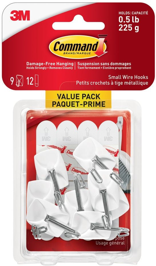 Command Small Wire Hooks Value Pack with Adhesive Strips, White, 0.5-lbs, 9 Strips per Pack X2