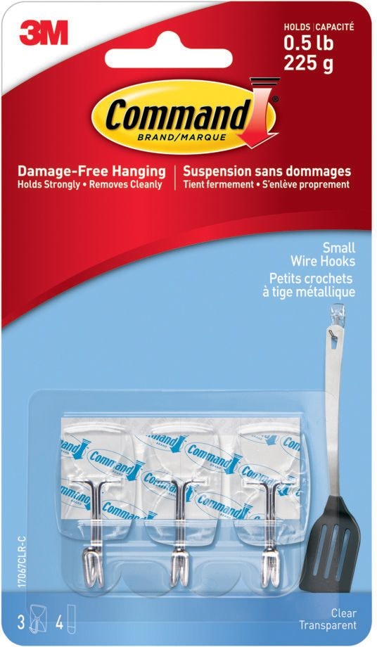 Command Small Wire Hooks with Adhesive Strips, Clear, 0.5-lbs, 3 Strips per Pack M8