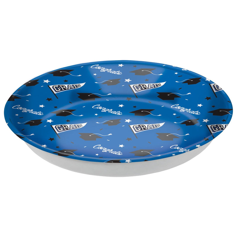 "Congrats Grad" Round Plastic Reusable Serving Bowl, Blue, 14-in, for Graduation P6