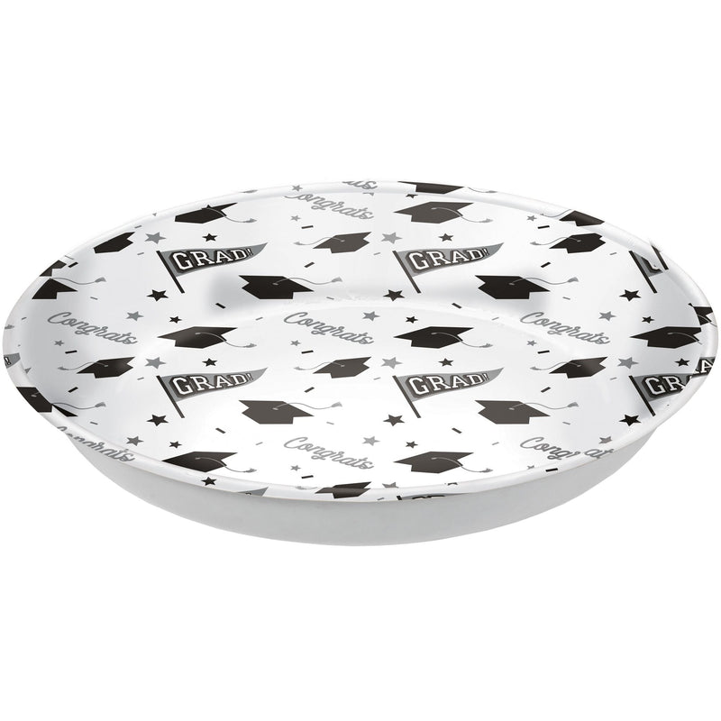 "Congrats Grad" Round Plastic Reusable Serving Bowl, White, 14-in, for Graduation N2