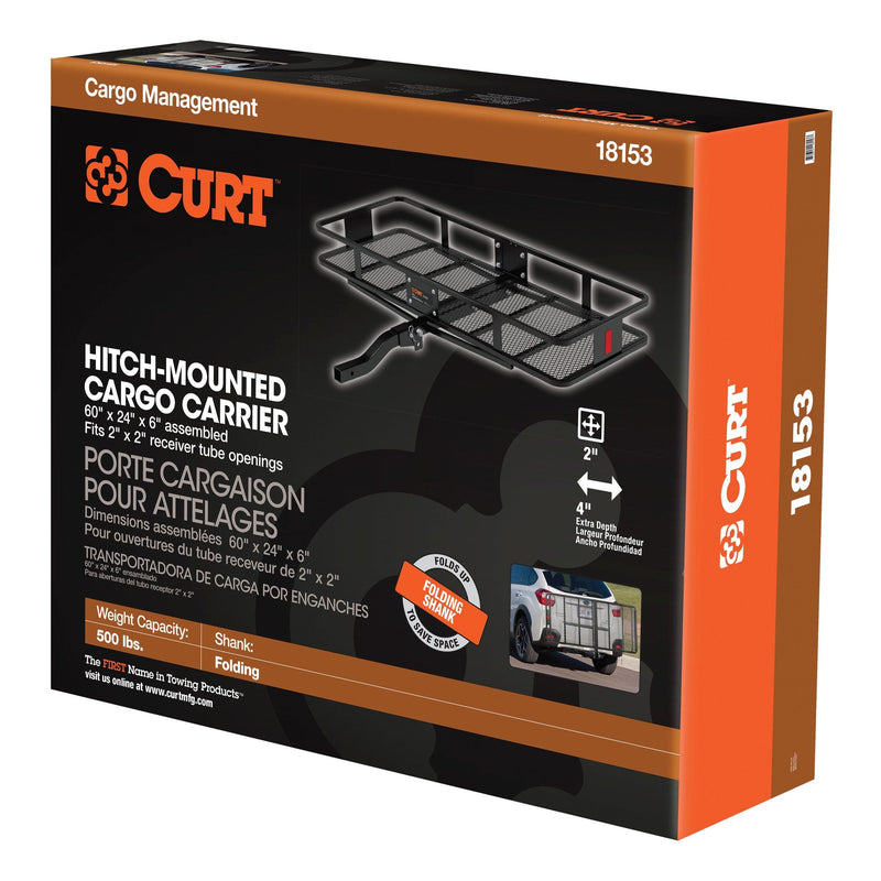CURT 18153 60 x 24-Inch Basket Hitch Cargo Carrier, 500 lbs Capacity, Black Steel, 2-In Folding Shank H1