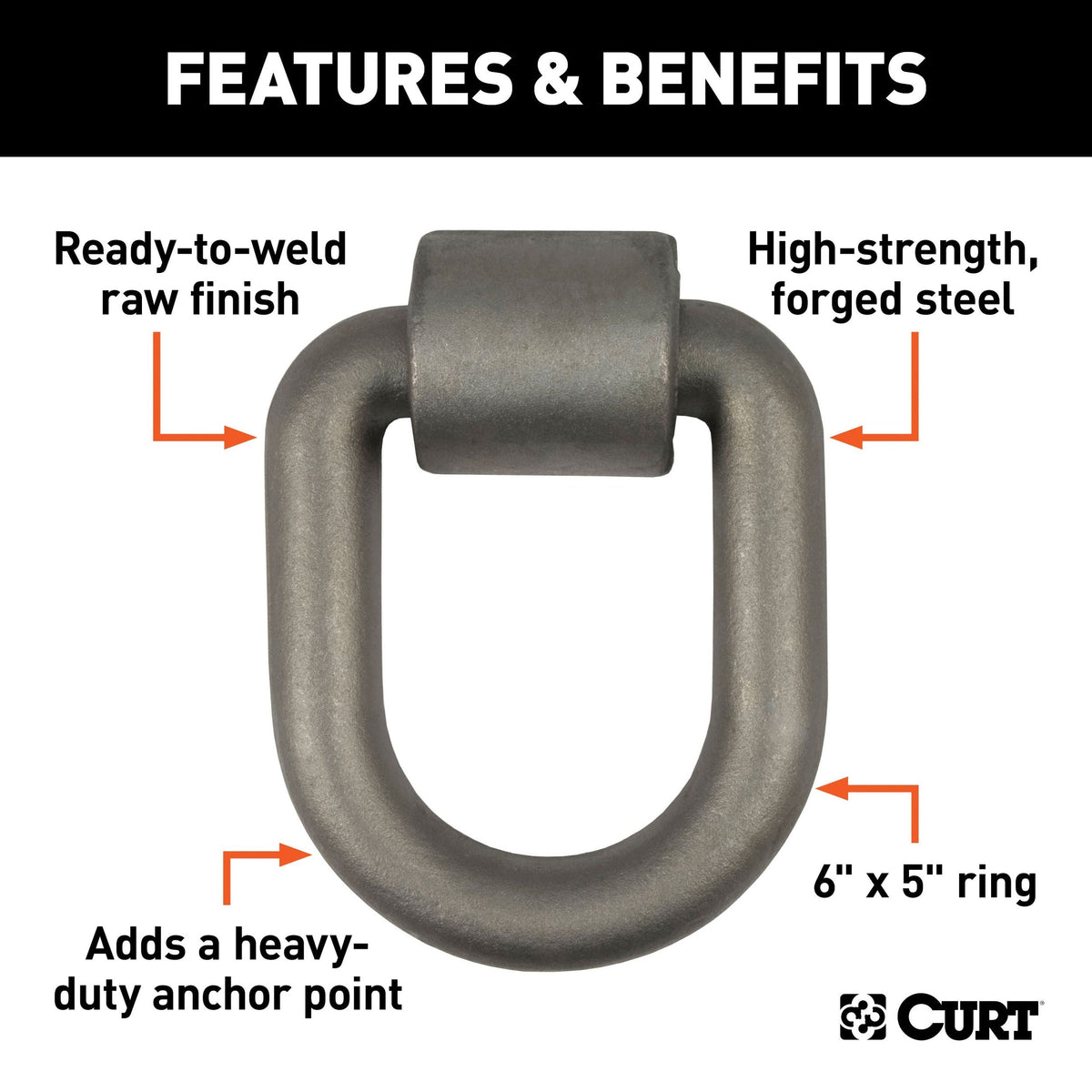CURT 83780 3 x 4-in Weld-On Tie-Down D-Ring (15,587 lbs, Raw Steel)