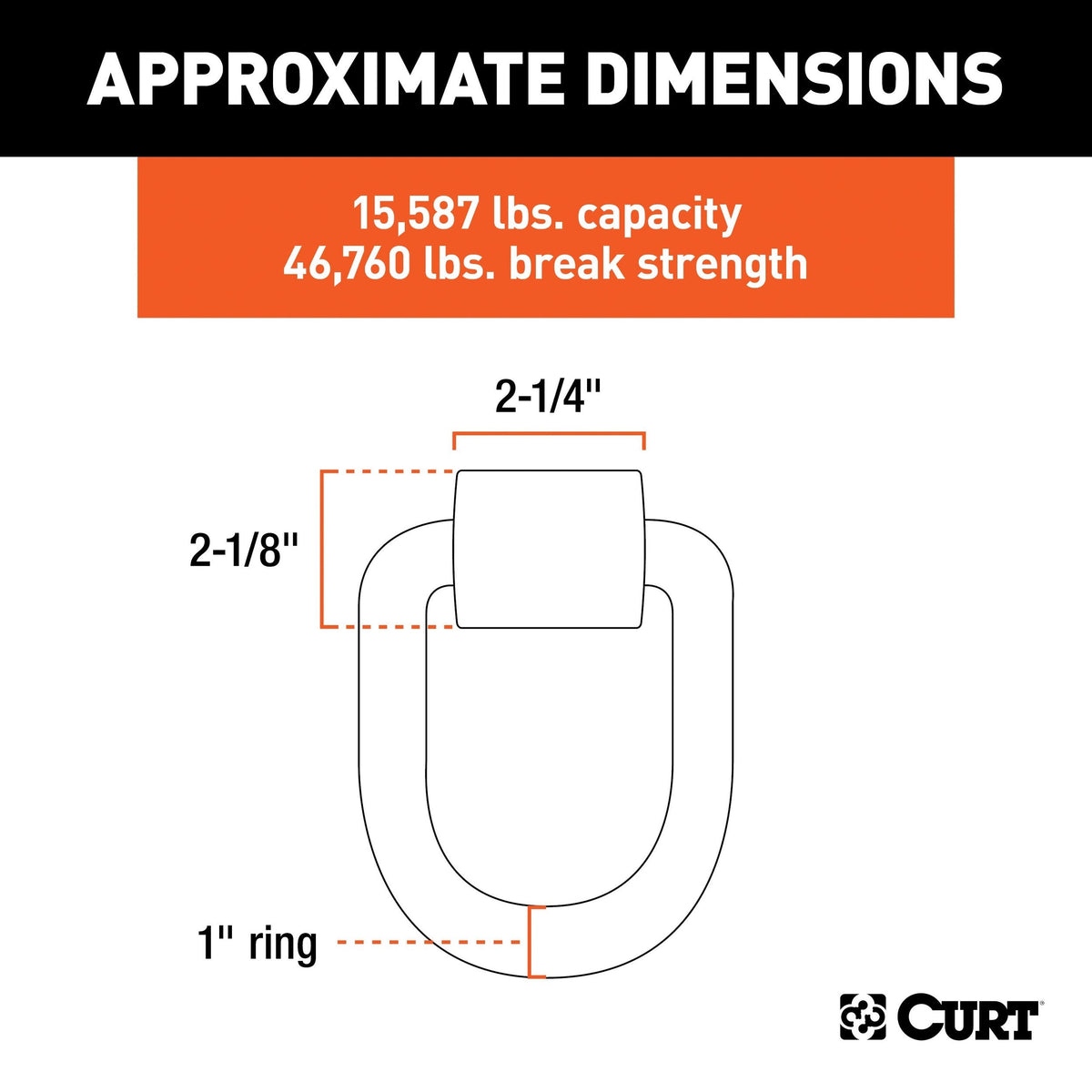 CURT 83780 3 x 4-in Weld-On Tie-Down D-Ring (15,587 lbs, Raw Steel)