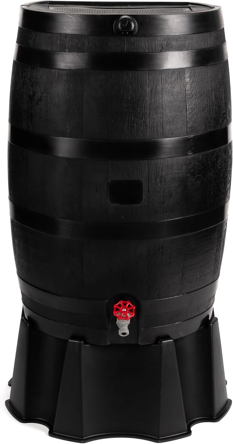 RTS Home Accents 50-Gallon ECO Rain Barrel Made with 100% Recycled Plastic, Flat Back Rain Water Collection Barrel, Black X6