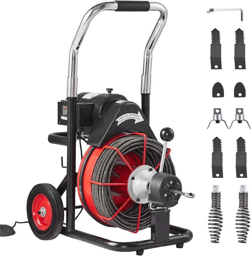 Drain Cleaner Machine 100FT x 1/2 Inch, Auto Feed Sewer Snake Auger on Wheels, 550W Portable Drain Cleaning Machine with 8 Cutters & Air-activated Foot Switch for 2" to 4" Pipes Y4