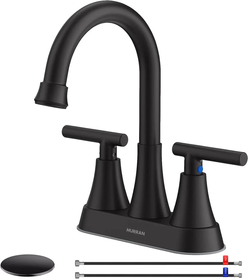 Bathroom Faucets for Sink 3 Hole, Hurran 4 inch Matte Black Bathroom Sink Faucet with Pop-up Drain G7
