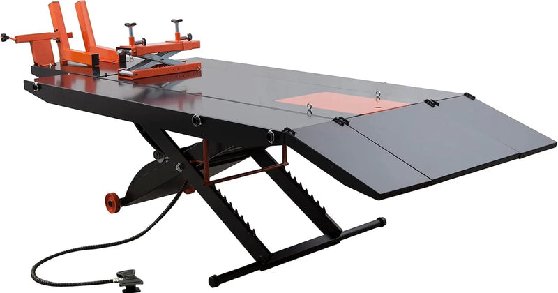 1500LB Air-Operated Motorcycle & ATV Lift Table – 48" Wide with Side Extensions, 2-Year Warranty X0
